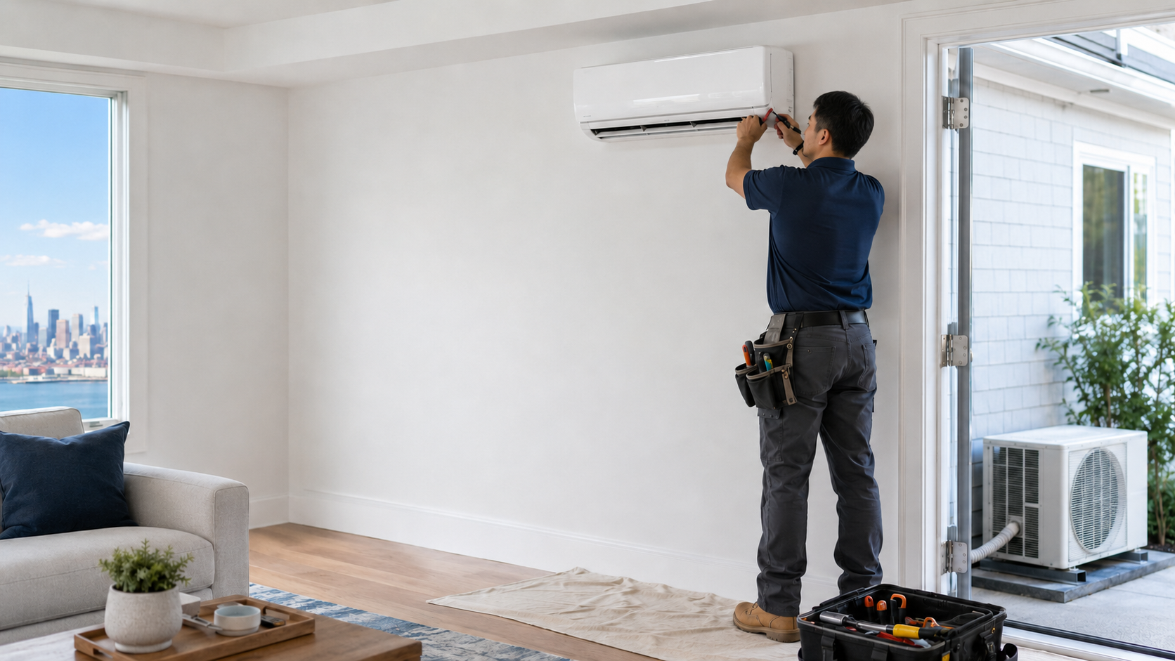 HVAC technician installing a ductless mini-split system